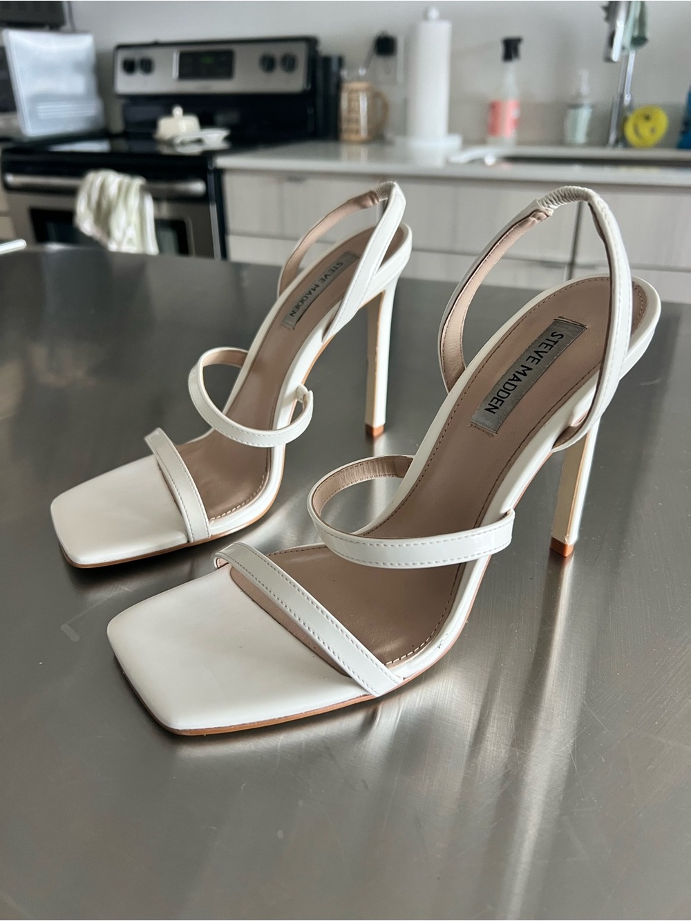 Steve Madden White Square-Toe Strappy Stiletto Heels
